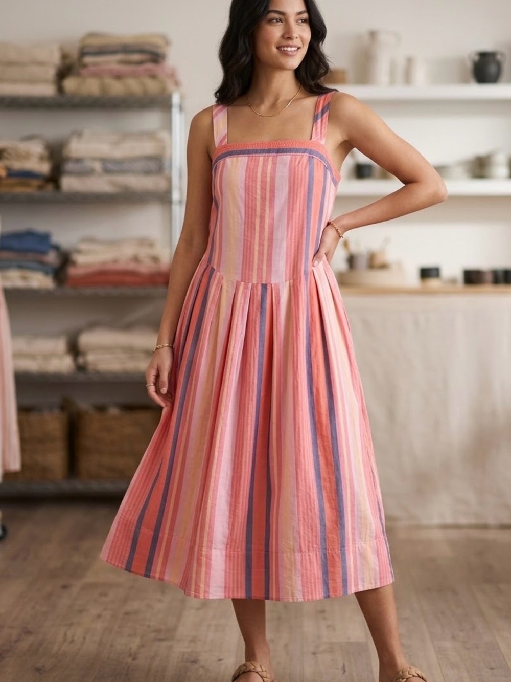 Free People Pink Multistripe Square-Neck Midi Dress - Picture 2 of 7